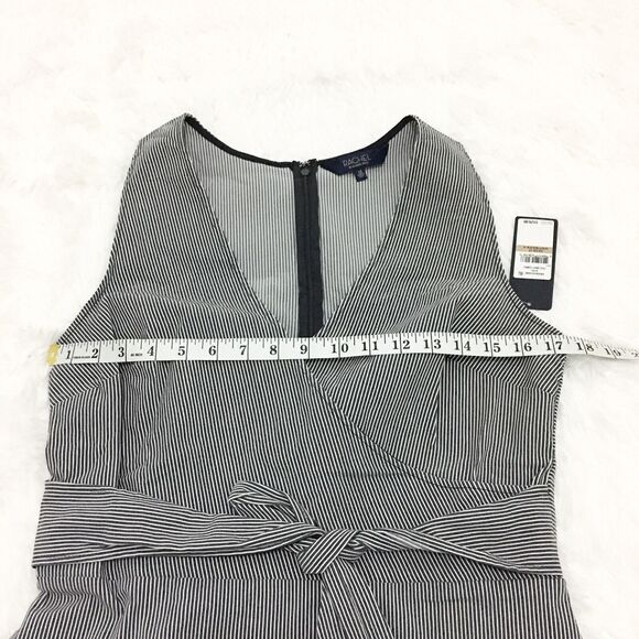 Rachel Roy Dress Navy Blue Striped Faux-Wrap Size 12 Ruffle Waist Tie Sleeveles - Picture 8 of 9